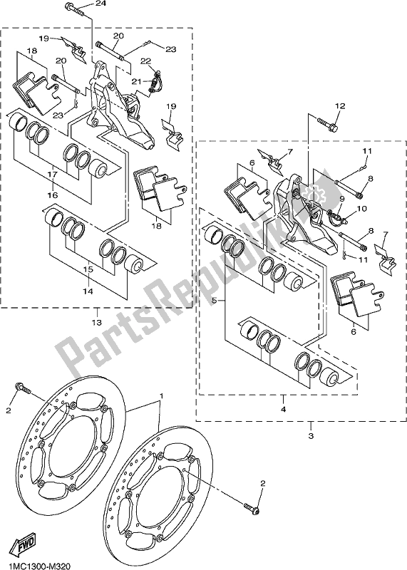 All parts for the Front Brake Caliper of the Yamaha FJR 1300 AE 2019