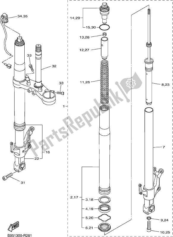 All parts for the Front Fork of the Yamaha FJR 1300 AE 2019