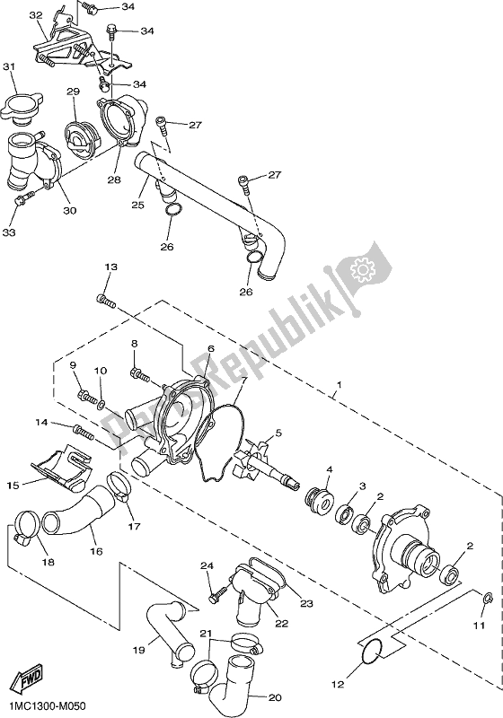 All parts for the Water Pump of the Yamaha FJR 1300 AE 2019