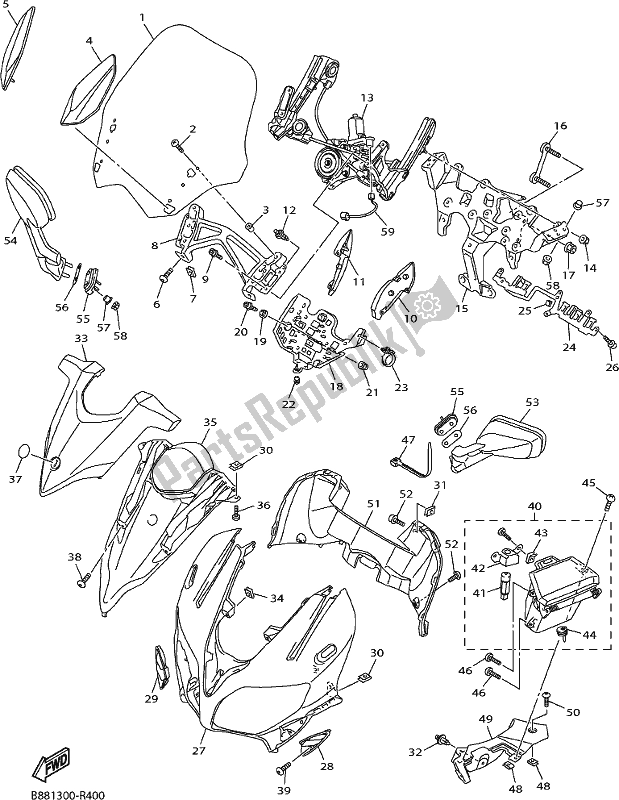 Alle onderdelen voor de Motorkap 1 van de Yamaha FJR 1300 AE 2021
