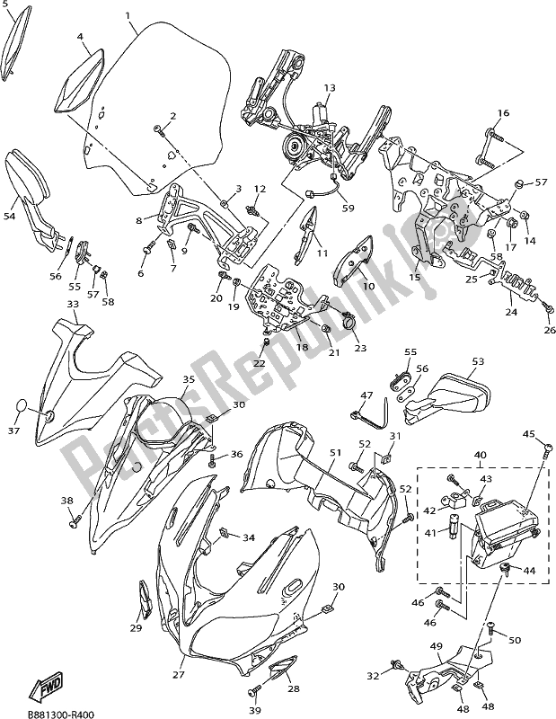 Alle onderdelen voor de Motorkap 1 van de Yamaha FJR 1300 AE 2021