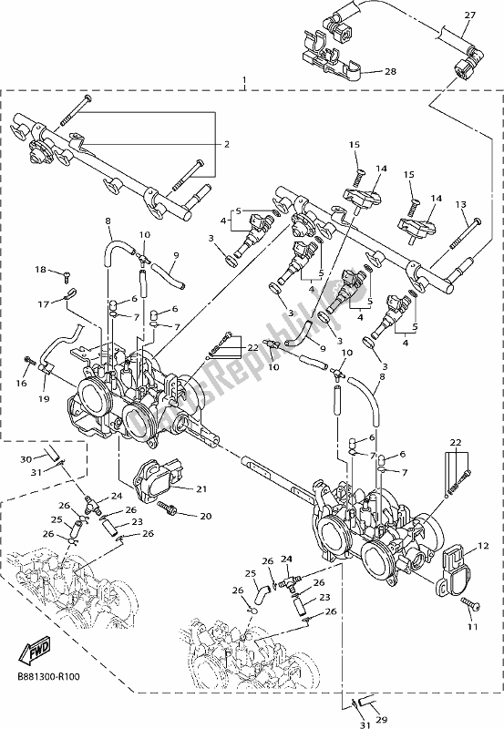 All parts for the Intake 2 of the Yamaha FJR 1300 APJ Polic 2018