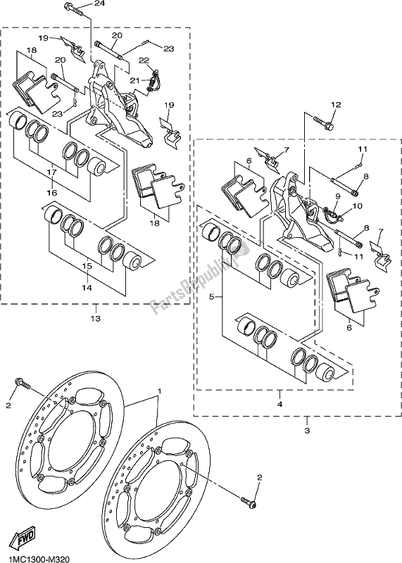 All parts for the Front Brake Caliper of the Yamaha FJR 1300 APL Polic 2020