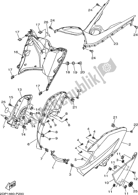 All parts for the Leg Shield of the Yamaha GPD 150-A 2019