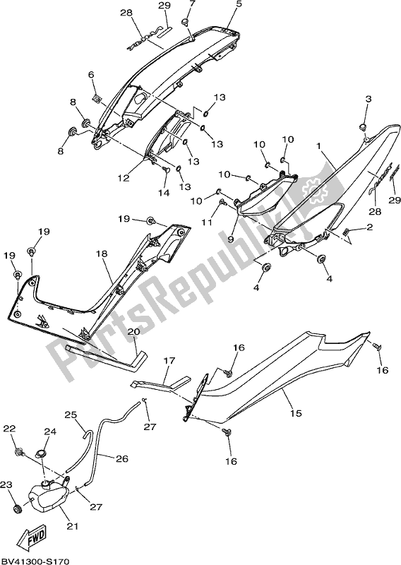 All parts for the Side Cover of the Yamaha GPD 150-A 2019