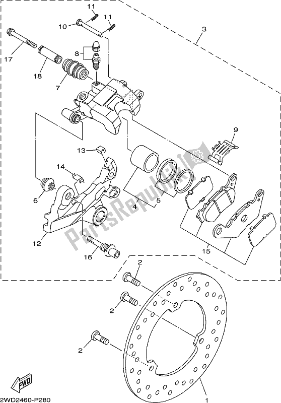 Alle onderdelen voor de Achter Remklauw van de Yamaha MT 03 LAJ MTN 320 AJ 2018