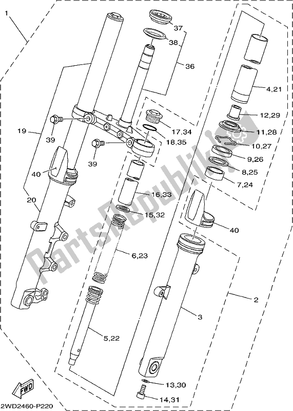 All parts for the Front Fork of the Yamaha MT 03 LAK MTN 320-AK 2019