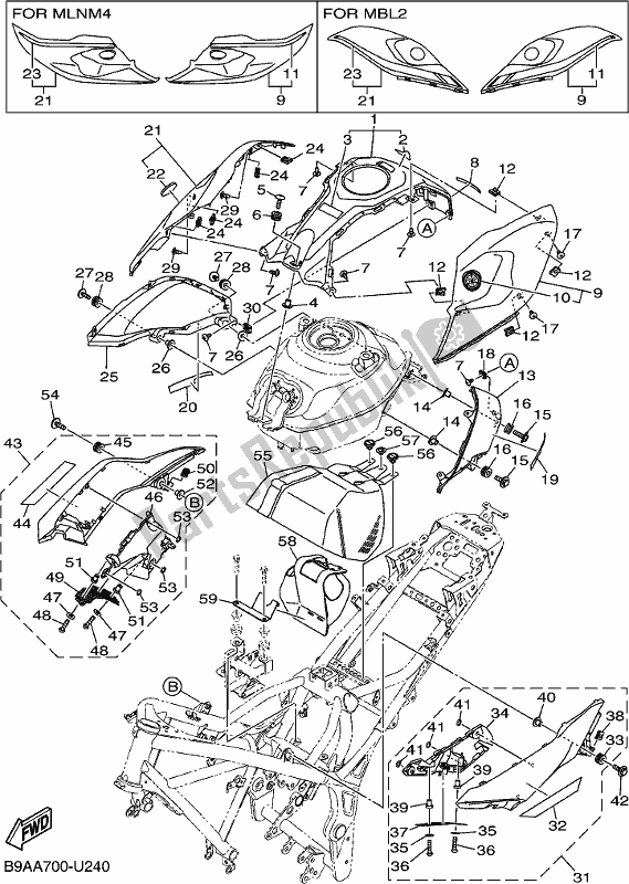 All parts for the Fuel Tank 2 of the Yamaha MT 03 LAK MTN 320-AK 2019