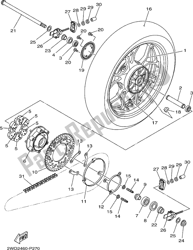 Alle onderdelen voor de Achterwiel van de Yamaha MT 03 LAK MTN 320-AK 2019