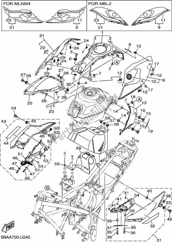 Alle onderdelen voor de Brandstoftank 2 van de Yamaha MT 03 LAK MTN 320-AK Lams Model 2019