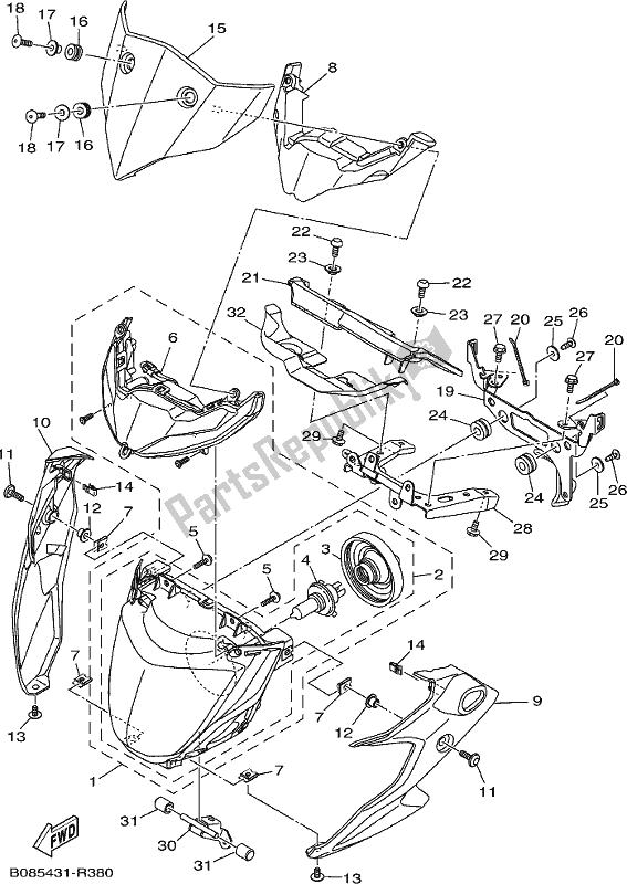 All parts for the Headlight of the Yamaha MT 03 LAK MTN 320-AK Lams Model 2019