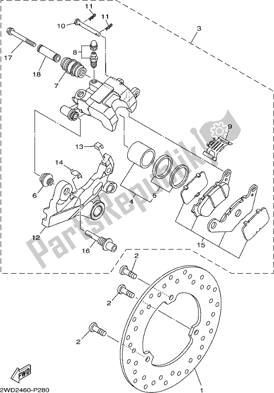 Alle onderdelen voor de Achter Remklauw van de Yamaha MT 03 LAL MTN 320 AL 2020