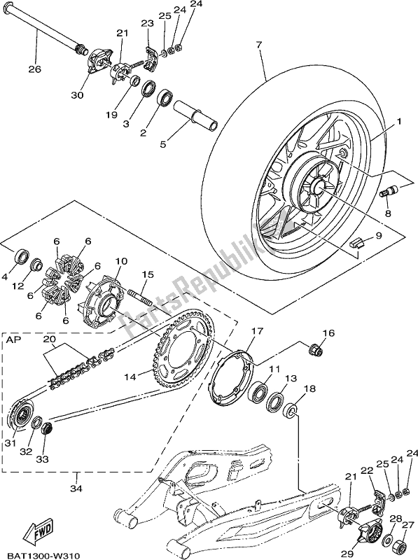 Alle onderdelen voor de Achterwiel van de Yamaha MT-07 Hoam MTN 690 M 2021