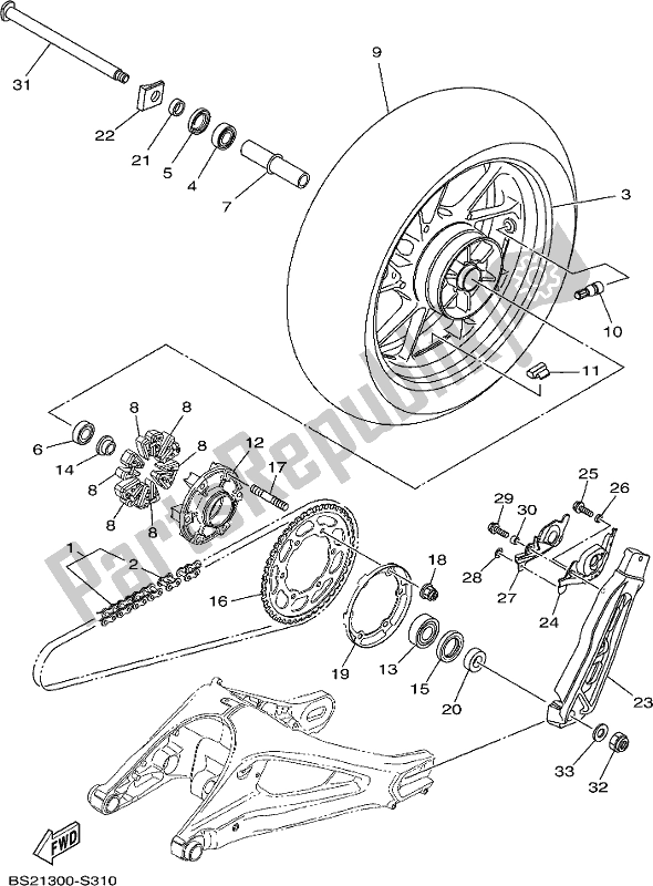 All parts for the Rear Wheel of the Yamaha MT 09 AH MTN 850-AH 2017