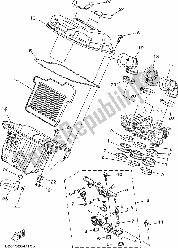 Alle onderdelen voor de Intake 2 van de Yamaha MT 09 AL MTN 850-AL 2020