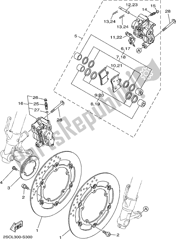 All parts for the Front Brake Caliper of the Yamaha MT 09 Trah Tracer 900 2017