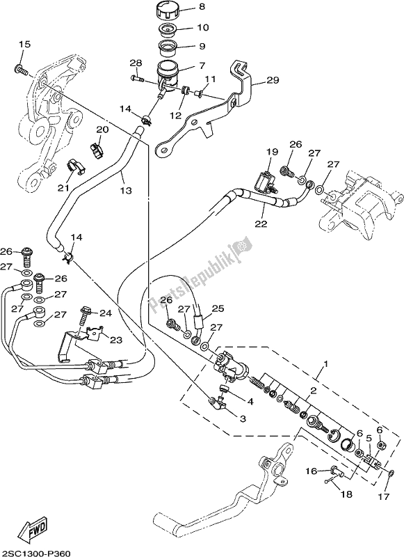 All parts for the Rear Master Cylinder of the Yamaha MT 09 Trah Tracer 900 2017