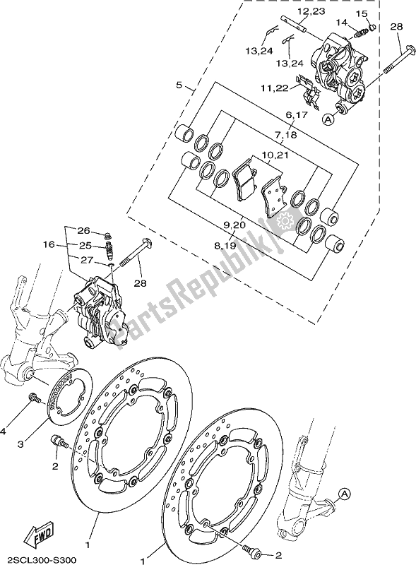 All parts for the Front Brake Caliper of the Yamaha MT 09 Traj MTT 850J 2018