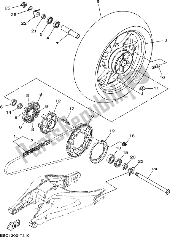 All parts for the Rear Wheel of the Yamaha MT 09 Traj MTT 850J 2018