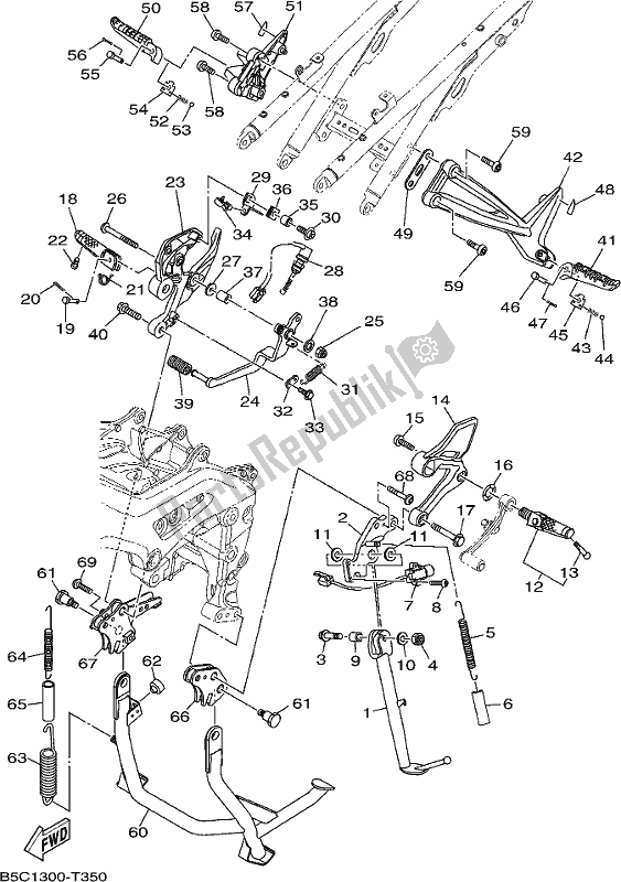 All parts for the Stand & Footrest of the Yamaha MT 09 Traj MTT 850J 2018