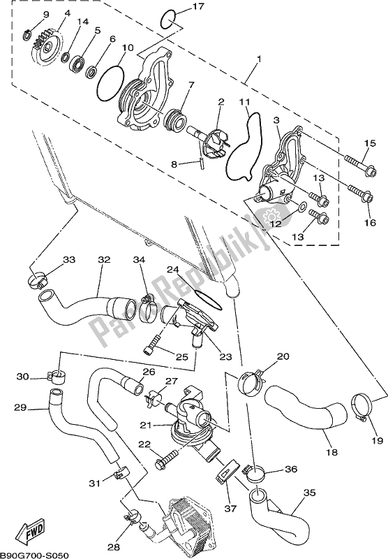 All parts for the Water Pump of the Yamaha MT 09 Traj MTT 850J 2018