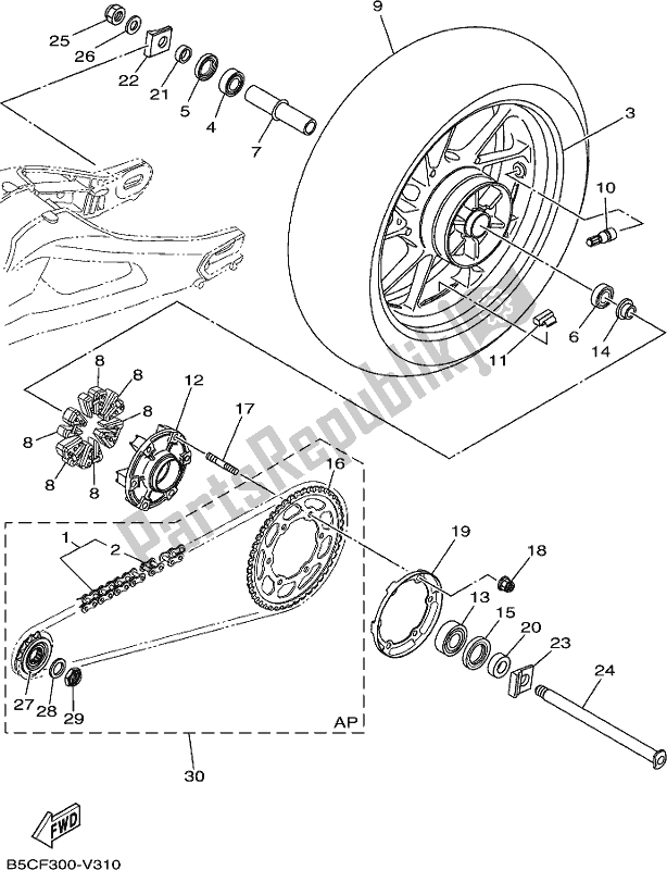 All parts for the Rear Wheel of the Yamaha MT 09 Tral MTT 850L 2020