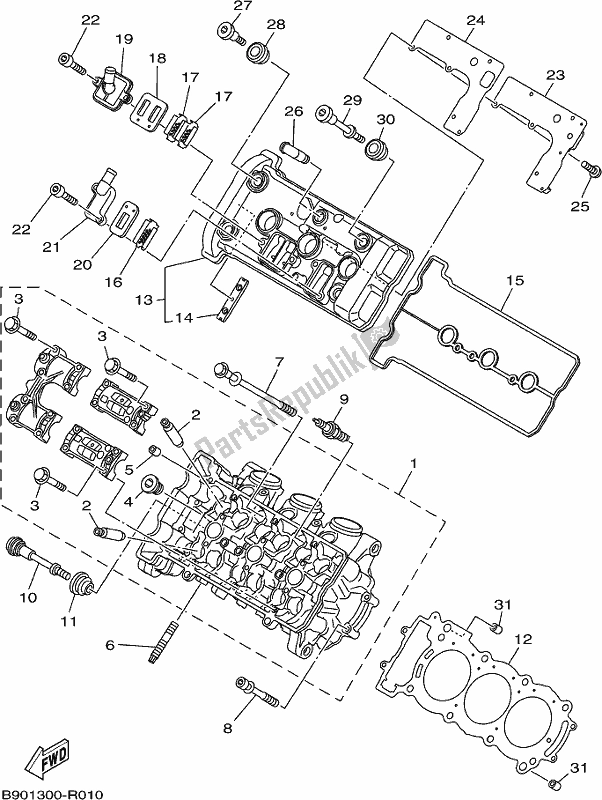 All parts for the Cylinder Head of the Yamaha MT 09 Trapm MTT 850 PM 2021