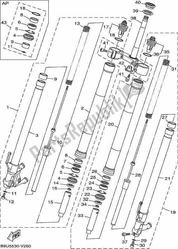 All parts for the Front Fork of the Yamaha MT 09 Trapm MTT 850 PM 2021