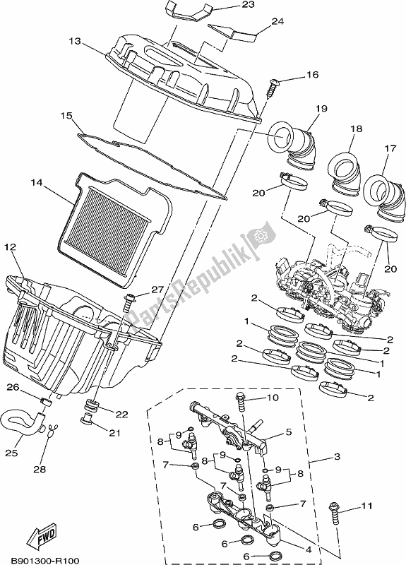 All parts for the Intake 2 of the Yamaha MT 09 Trapm MTT 850 PM 2021