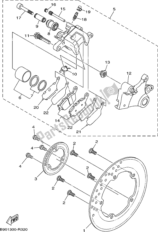 All parts for the Rear Brake Caliper of the Yamaha MT 09 Trapm MTT 850 PM 2021