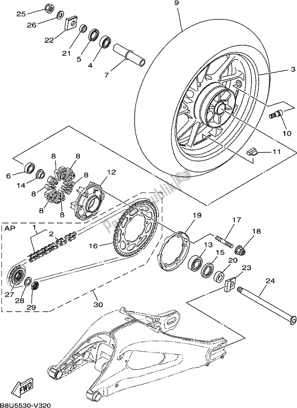 Alle onderdelen voor de Achterwiel van de Yamaha MT 09 Trapm MTT 850 PM 2021