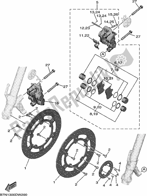 All parts for the Front Brake Caliper of the Yamaha MT 09 Traspm MTT 890 DM 2021