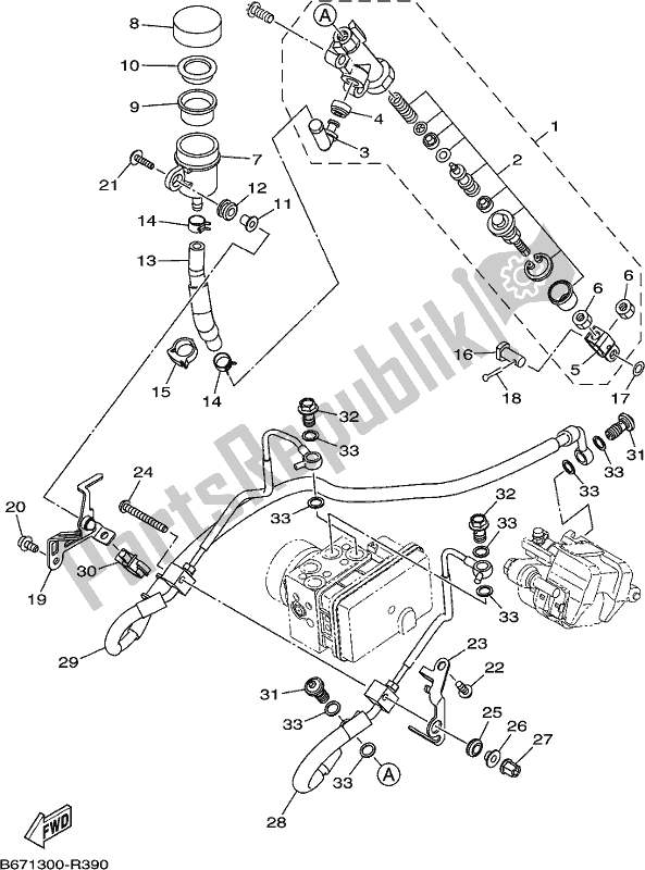 Alle onderdelen voor de Achterste Hoofdcilinder van de Yamaha MT 10 AH MTN 1000H 2017