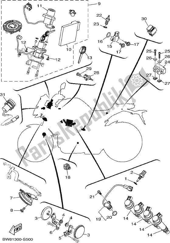 All parts for the Electrical 1 of the Yamaha MT 10 AJ MTN 1000J 2018