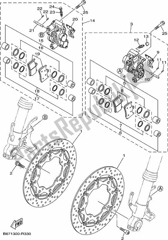 All parts for the Front Brake Caliper of the Yamaha MT 10 AJ MTN 1000J 2018