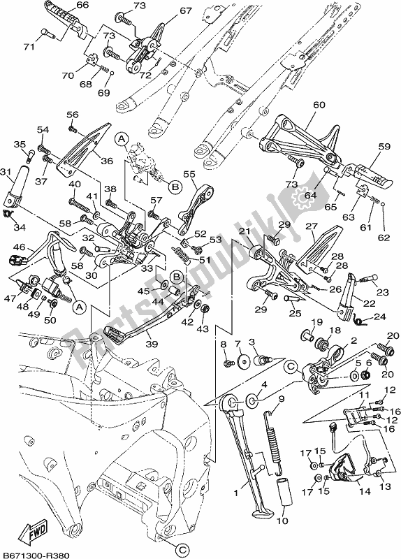 All parts for the Stand & Footrest of the Yamaha MT 10 AJ MTN 1000J 2018