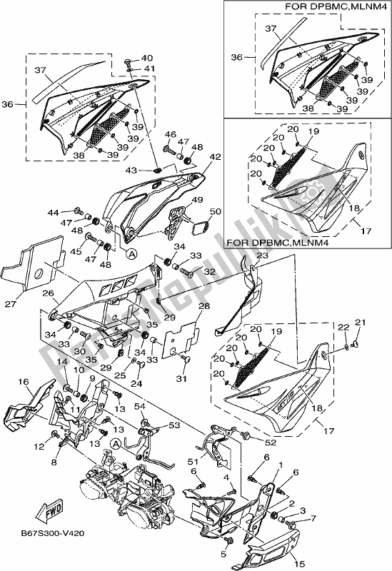 Alle onderdelen voor de Motorkap 3 van de Yamaha MT 10 AL MTN 1000 2020