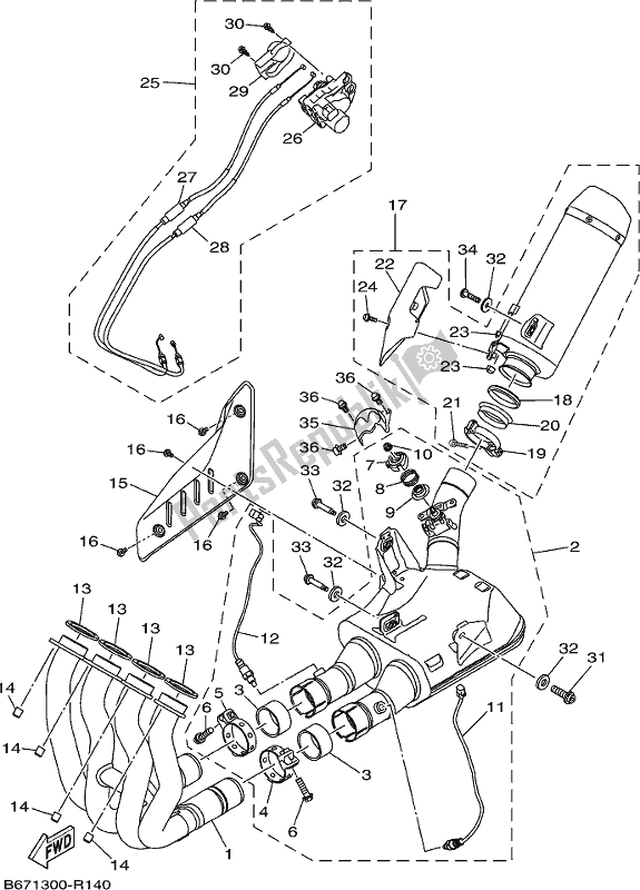 All parts for the Exhaust of the Yamaha MT 10 AL MTN 1000 2020