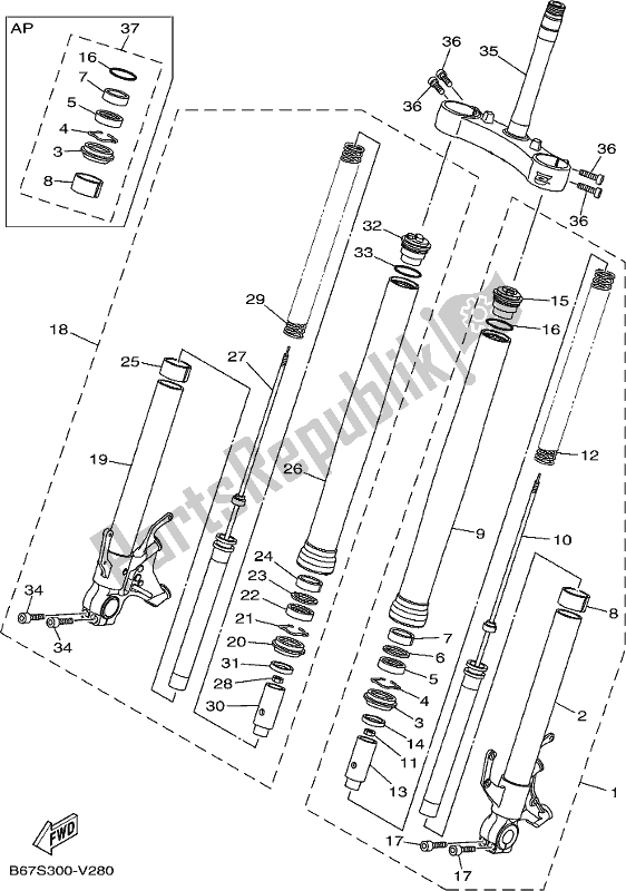 All parts for the Front Fork of the Yamaha MT 10 AM MTN 1000M 2021