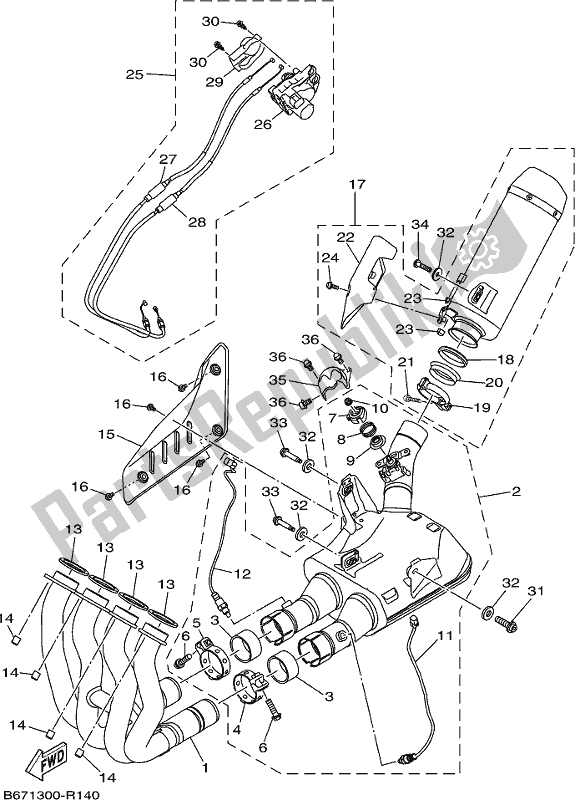 All parts for the Exhaust of the Yamaha MT 10 Aspj MTN 1000J 2018