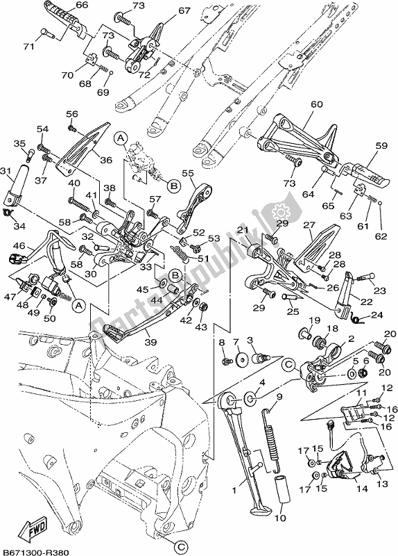 All parts for the Stand & Footrest of the Yamaha MT 10 Aspj MTN 1000J 2018