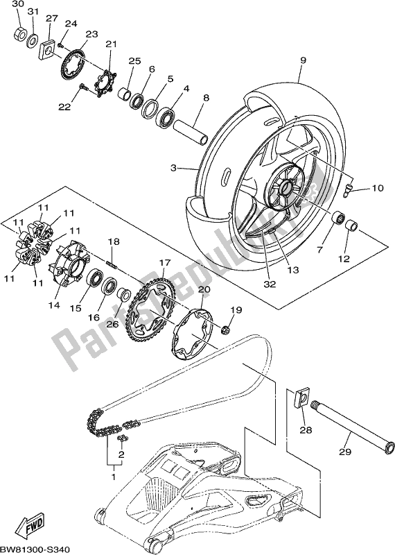 All parts for the Rear Wheel of the Yamaha MT 10 Aspk MTN 1000 DK 2019