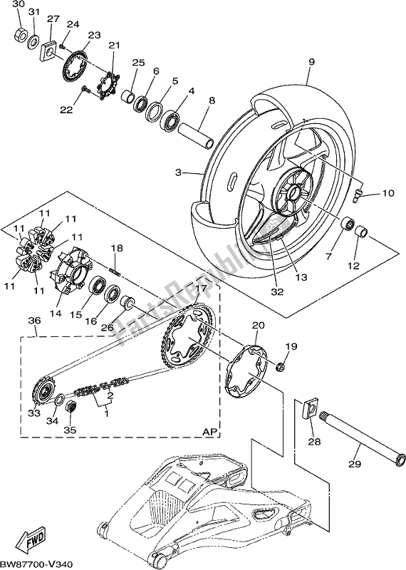 All parts for the Rear Wheel of the Yamaha MT 10 Aspl MTN 1000 DL 2020