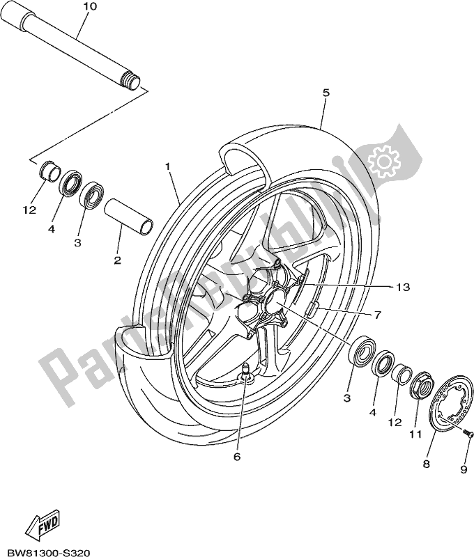 All parts for the Front Wheel of the Yamaha MTN 1000D MT 10 2019