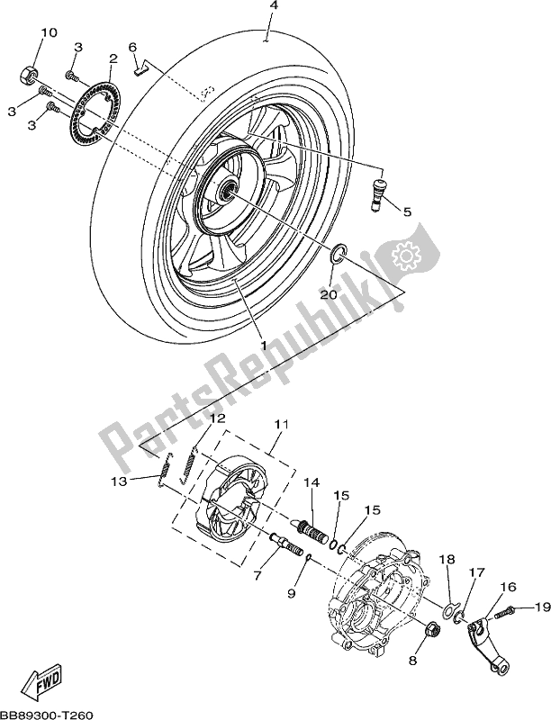 All parts for the Rear Wheel of the Yamaha MWS 150 AJ NZ Only 2018