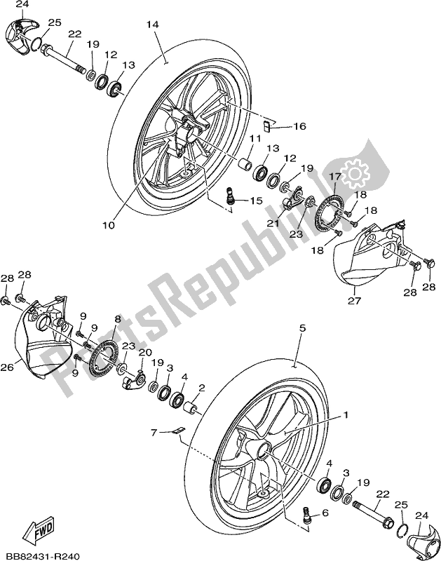 All parts for the Front Wheel of the Yamaha MWS 150 AM NEW Zealand 2021