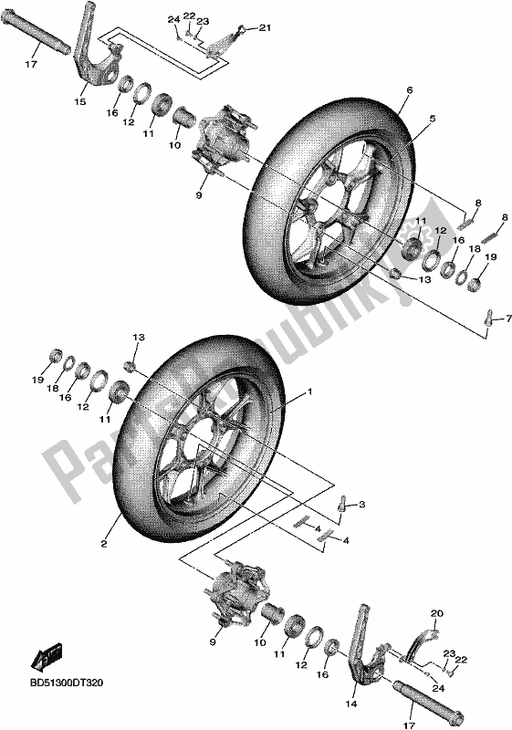 All parts for the Front Wheel of the Yamaha MXT 850D 2021