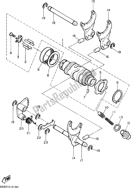 All parts for the Shift Cam & Fork of the Yamaha SR 400 2018