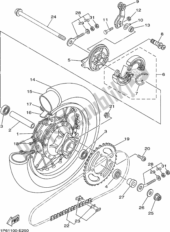 Alle onderdelen voor de Achterwiel van de Yamaha TTR 50E 2020