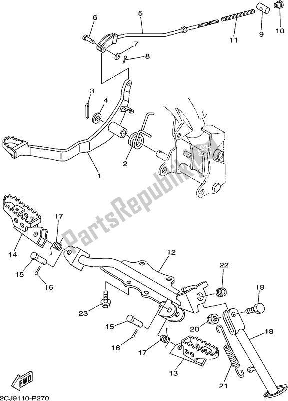 All parts for the Stand & Footrest of the Yamaha TTR 50E 2020